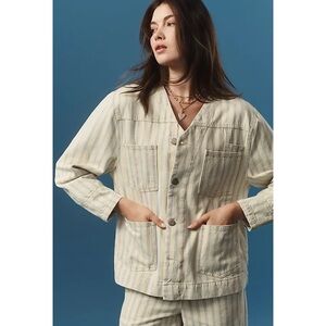 New Damson Madder Luca Striped Denim Chore Jacket Yellow Blue 6